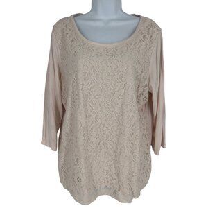 Chicos Womens Blush Pink Lace Front 3/4 Sleeve Scoop Neck Top Size 2 US L